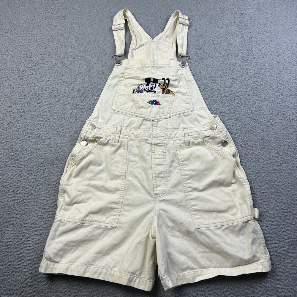 VTG Y2K Disney Shortalls Women Cream Mickey Mouse Unlimited Denim Bib Medium